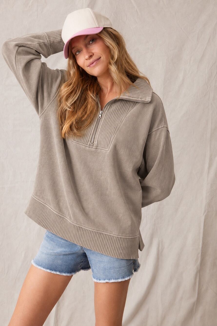 C&C California Women's Taupe Quarter-Zip Pullover Sweatshirt Sporty Women’s Lg